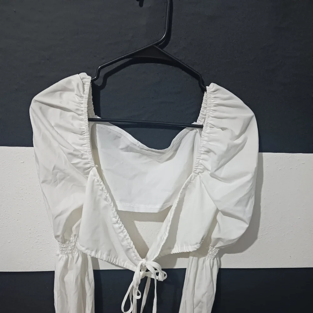 Women sexy white tie puffer elastic long sleeve top - Picture 4 of 16